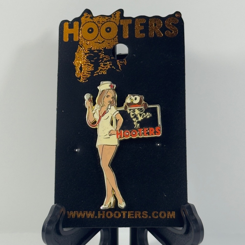Vintage Hooters Nurse Girl Enamel Pin One Size Pin-Up Waitress Owl Logo Gold New